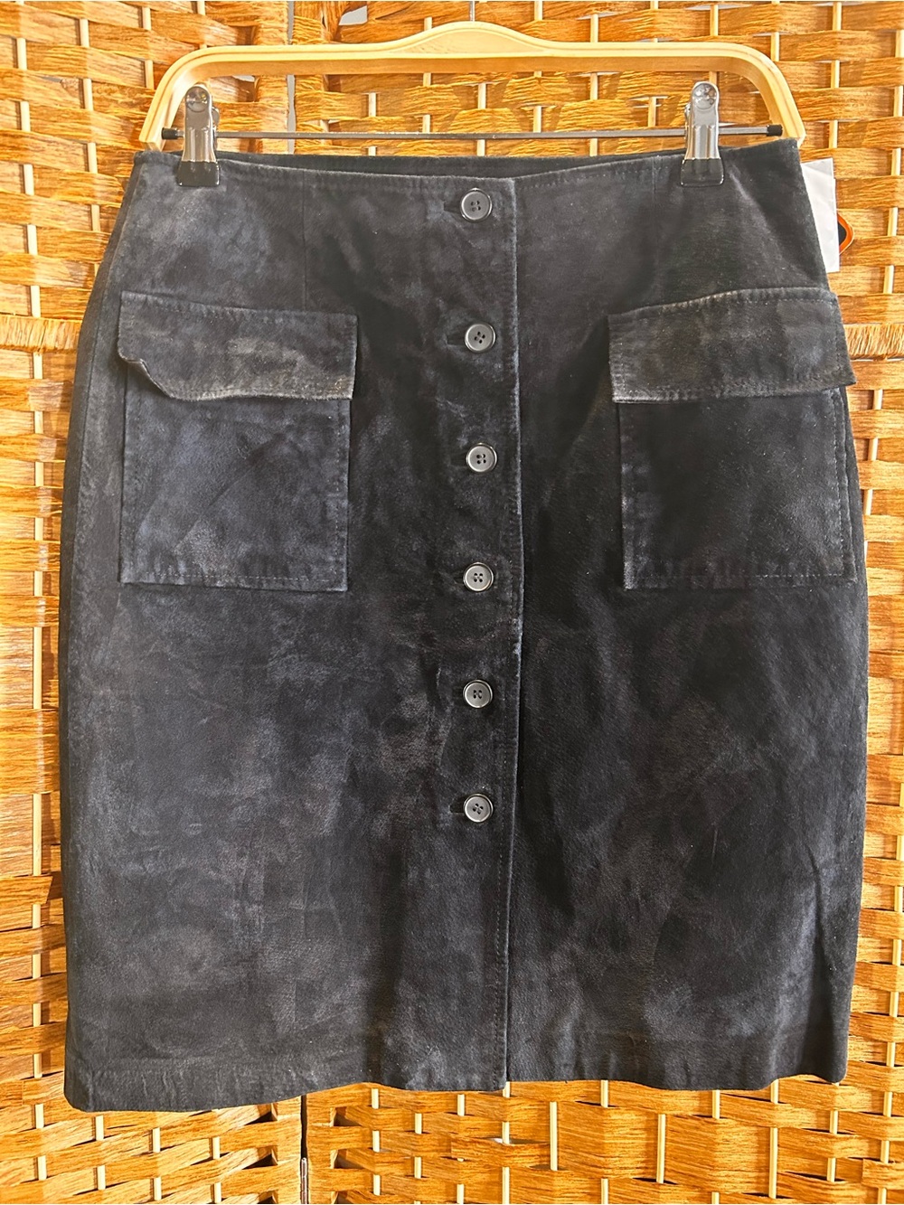 Black Suede Leather Button Front Cargo Pocket Skirt Size 4 NWT